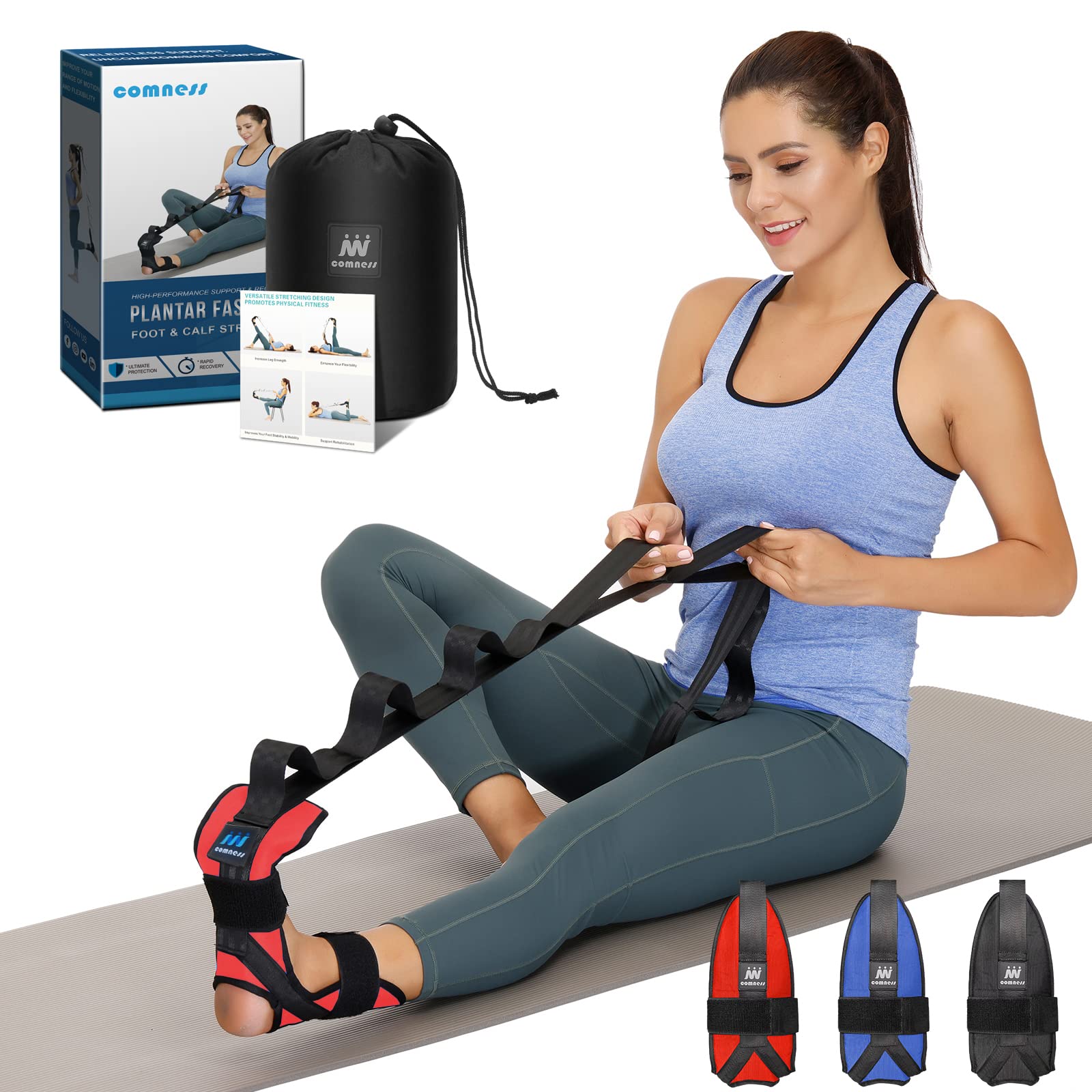 comness Foot and Calf Stretcher-Stretching Strap For Plantar Fasciitis, Heel Spurs, Foot Drop, Achilles Tendonitis & Hamstring. Yoga Foot & Leg Stretch Strap. (Black)”]