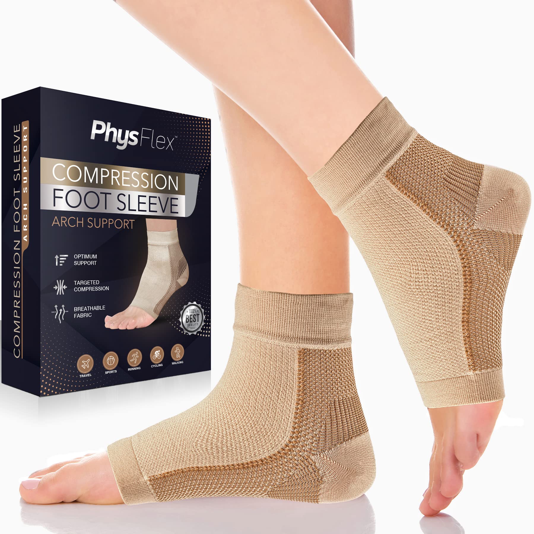 PhysFlex Compression Socks for Plantar Fasciitis, Achilles Tendonitis Relief – (1 Pair) Ankle Compression Sleeve for Heel Spurs, Foot Swelling & Fatigue – Arch Support Brace for Everyday Use”]