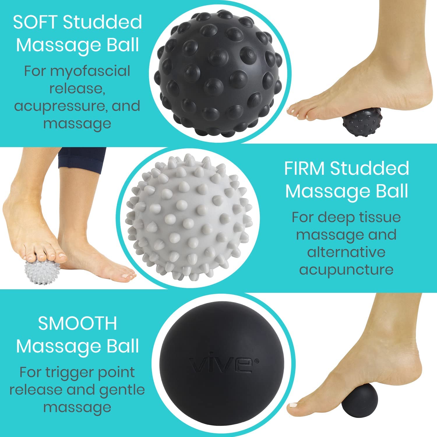 Vive Massage Ball Set (4 Piece) - Foot Pain Hot Cold Therapy Kit - Plantar Fasciitis, Heel Spur, Sore Muscles, Trigger Point - Back, Arm, Neck, Shoulder, Leg Circulation Roller - PT Spike Massager