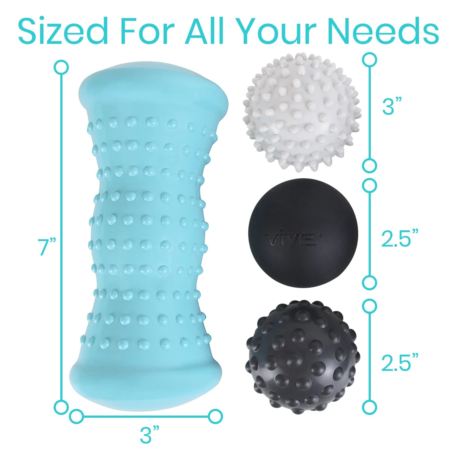 Vive Massage Ball Set (4 Piece) - Foot Pain Hot Cold Therapy Kit - Plantar Fasciitis, Heel Spur, Sore Muscles, Trigger Point - Back, Arm, Neck, Shoulder, Leg Circulation Roller - PT Spike Massager