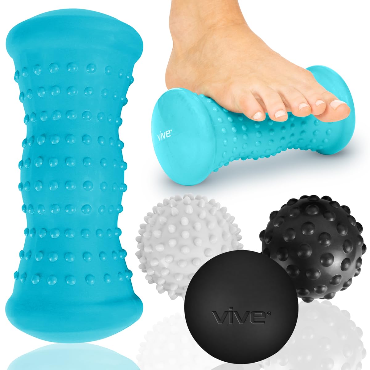 Vive Massage Ball Set (4 Piece) – Foot Pain Hot Cold Therapy Kit – Plantar Fasciitis, Heel Spur, Sore Muscles, Trigger Point – Back, Arm, Neck, Shoulder, Leg Circulation Roller – PT Spike Massager”]