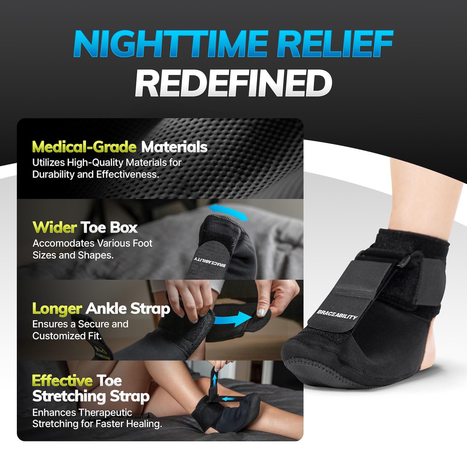 BraceAbility Plantar Fasciitis Night Splint Sock - Soft Plantar Fascia Brace for Sleeping, Achilles Tendonitis, Foot Drop, Heel Pain - Plantar Fasciitis Relief Night Splint for Women and Men (Medium)