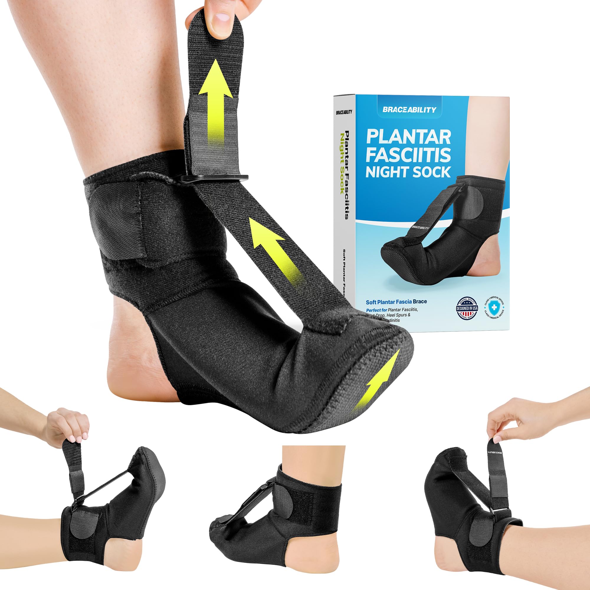 BraceAbility Plantar Fasciitis Night Splint Sock – Soft Plantar Fascia Brace for Sleeping, Achilles Tendonitis, Foot Drop, Heel Pain – Plantar Fasciitis Relief Night Splint for Women and Men (Medium)”]