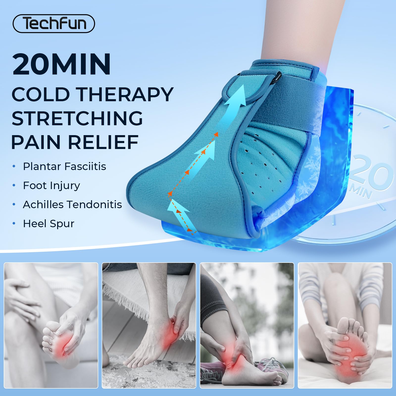 Tech Fun Plantar Fasciitis Night Splint, Foot Ice Pack Wrap for Plantar Fasciitis Relief, Plantar Fasciitis Brace for Men Women,Ankle Ice Pack for Achilles Tendonitis, Heel Spur, Foot Pain Large Size