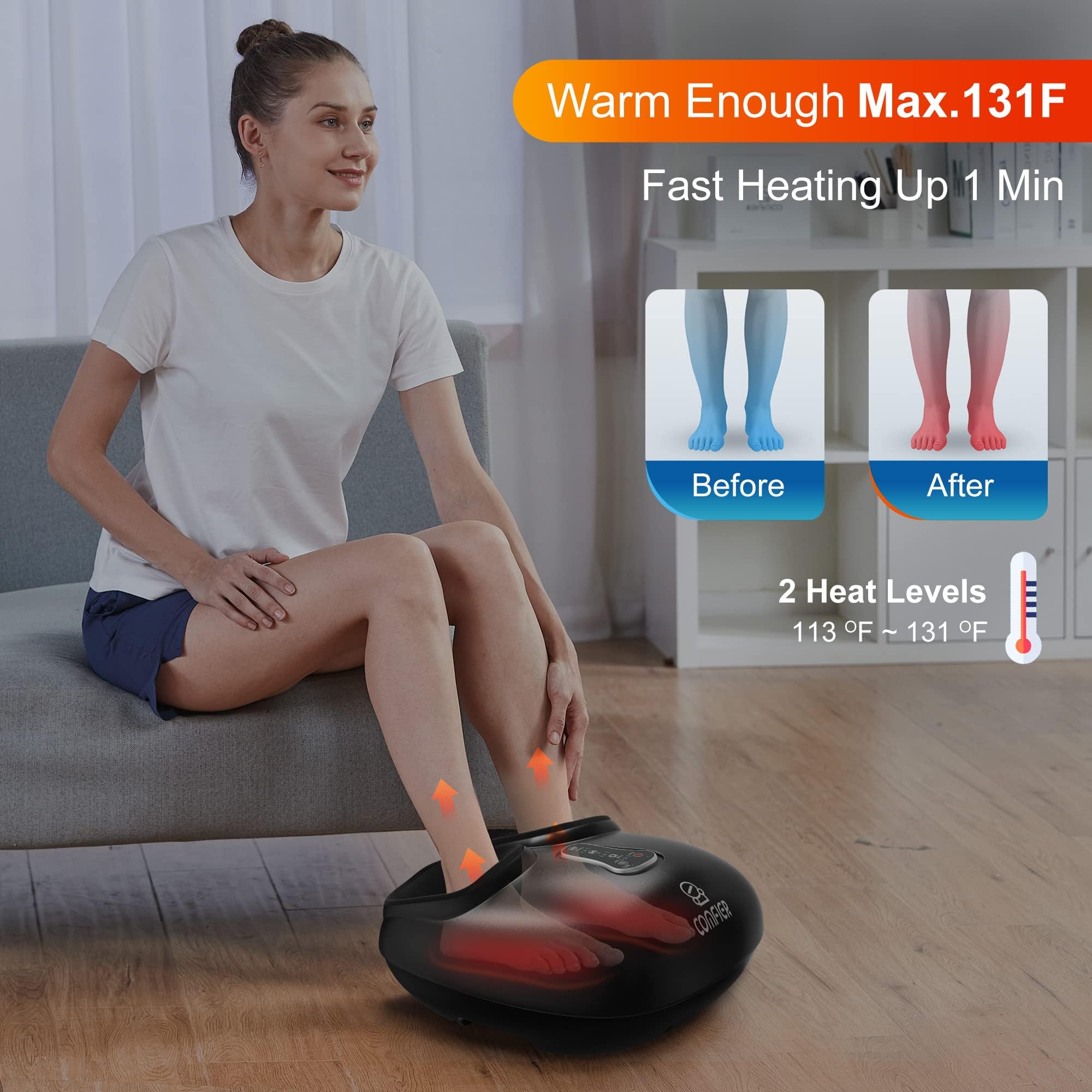 COMFIER Shiatsu Foot Massager with Heat,Vibration,Rolling Compression,FSA HSA Eligible,Feet Massager Machine for Plantar Fasciitis,Neuropathy,Fits Size up to 13“ Multiple Modes,Gift for Men,Women